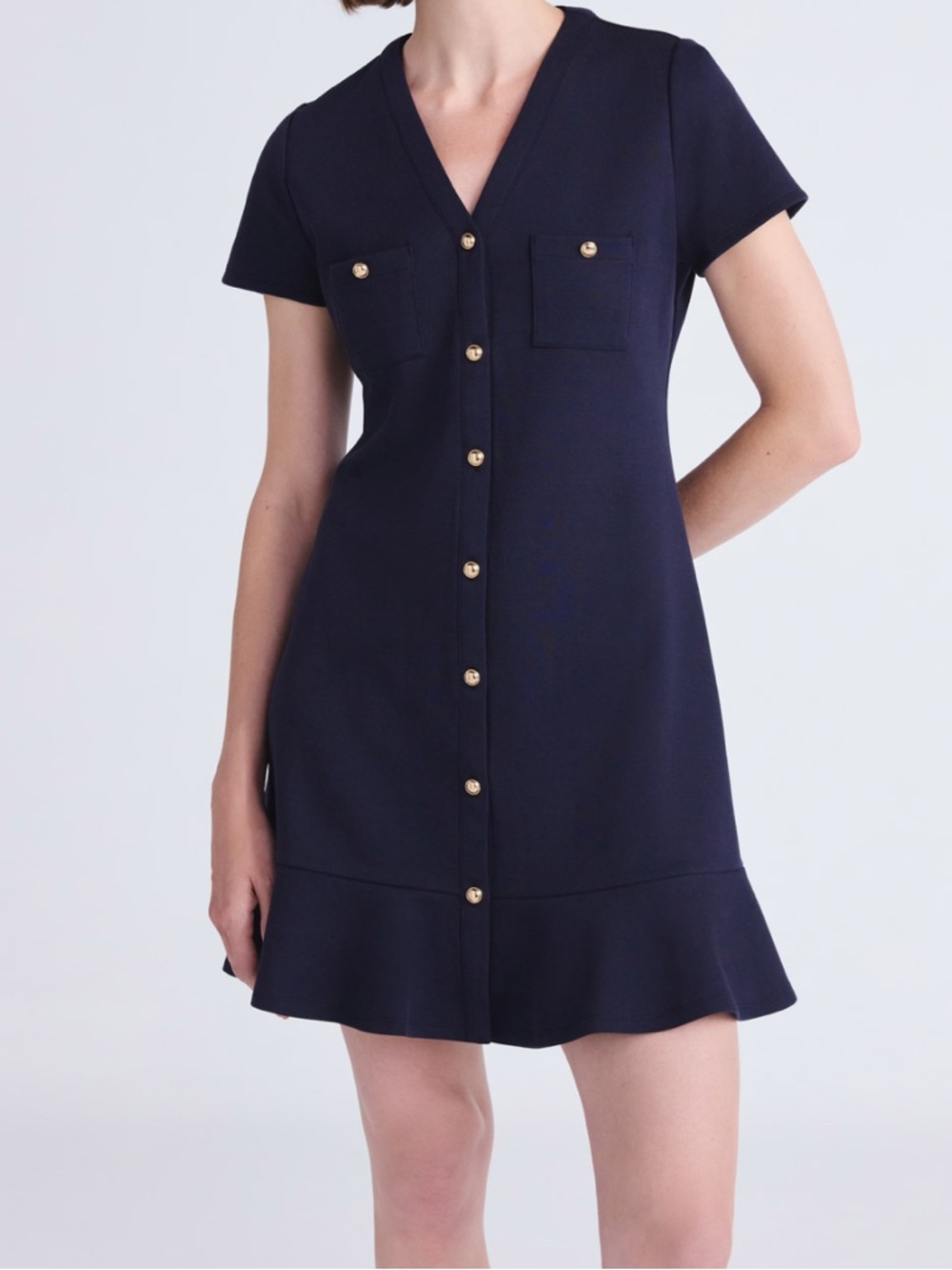 Free assembly Navy Short-Sleeve V-Neck Button-Front Dress